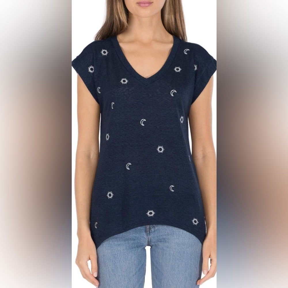 bobeau Celestial Moon Sun Embroidered Tunic Top Small Hi Low Boho Navy